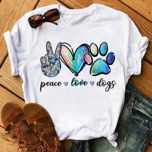 メイカウルファッション女性犬PAWS Tシャツピースラブ面白いカジュアルオナック半袖Tシャツ夏カワイイ女性TEE 240411