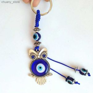 Chaços de chaveiros trkiye azul olho pingente de olho mal owlow Owl Owl Charm Protection Tassel Hanger Crystal Car Feng Shui Chain Chain Carro Decoration Y240417