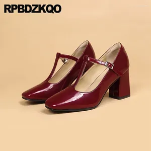 Dress Shoes Small Size Women Spring Square Toe Patent Leather 33 T Strap Retro Pumps Waterproof Block Custom Burgundy Soft High Heels