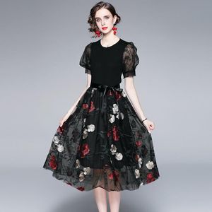 Womens Clothing With Light Mature Style Summer Puff Sleeve Knitted Stitching Black Mesh Embroidery Dress