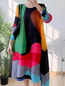 Casual Dresses Pleated Dress Women Contrast Color Loose Irregular Print 2024 Autumn Fold Mom Maxi Party Y2k Vestido