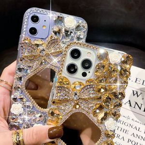 Luxurys designer phone case for IPhone 15 Pro max 14 13 12 11 X Diamond bow Flower mirror Flash drill protective shell silicone sleeve