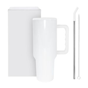 H3.0 Sublimation White Color Travel Mugs 40OZ Minimalistic Stainless Steel Double Wall Hand Cups With Metal Straws
