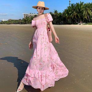 Party Dresses French Floral Puffle-sleeved Holiday Beach Female Slimming Waist Super Fairy Full Skirt Dress
