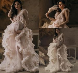 2021 Sexy Chic Champagne Tulle Kimono Women Evening Dresses Wear Maternity Robe for Poshoot V Neck Prom Gowns African Cape Cloa4591978