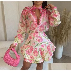 Two Piece Dress Shirt Sets Summer Suit Women Print Flower Long Sleeve Floral Holiday Turtleneck Short Skirt Set Drop Delivery Dhn6H