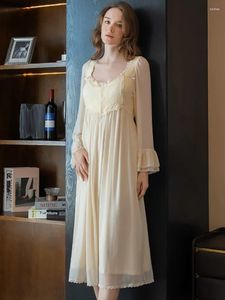 Женская одежда для сна, модальная винтажная принцесса ночные рубашки с длинными рукавами, сеть сексуальная белая кружевная пижама Женщины весна осень осень домашняя одежда