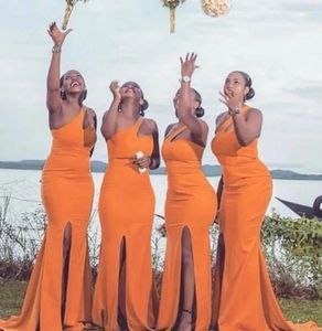 Turuncu Uzun Denizkızı Nedime Elbise Bir Omuzla Bir Omuz Bölünmüş Afrikalı Kadınlar Düğün Konuk Partisi Elbise Vestidos BC18658