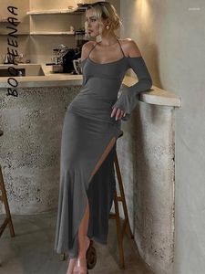 Casual Dresses BOOFEENAA Halter Neck Backless Long Sleeve Split Maxi Grey Elegant Sexy Club Party Dress 2024 Fall Clothing C70-CG28