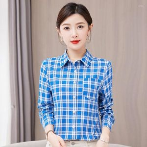Kvinnor BLOUSES KVINNA SPRING OCH Höstkoreansk utgåva Löst mångsidig rutig skjorta Långärmad Fashion Pure Cotton Casual Top