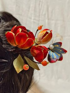 Hair Clips Velvet Flower Cloisonne Peony Hairpin Chinese Style Ming Han Clothing Accessories Handmade Silk Updo Pin