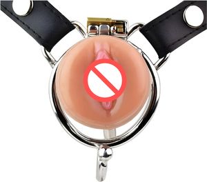 Dispositivo di castità Blocca la gabbia del pene vagina finta con cinghia in silicone in acciaio inossidabile cazzo falso cazzo gabbia di sesso a blocchi di femminuccia per maschi (40 mm, arco)
