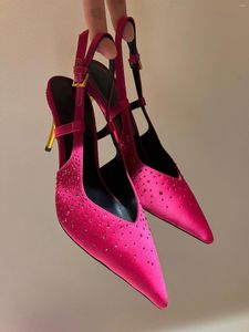 Sandaler Casual Lady Summer Women Shoes Pink Satin Rhinestone Crystal High Heels Slingback Prom Evening Zapatos Mujer