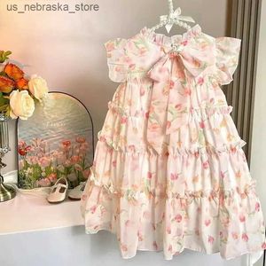 Girl's Dresses Childrens Sleeveless Summer Dress 2024 New Baby Super Fairy Flower Chiffon Girl Princess Dress Q240418