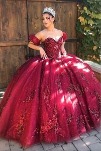 وصول جديد بورغوندي الحلو 16 كرات فساتين Quinceanera بالخرز من الكتف Vestido de 15 Anos Quinceanera 2024 Vestidos