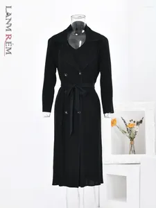 Kvinnors trenchrockar Lanmrem Office Lady Black Pleated Mid Length Women Lapel Belt Double Breasted Windbreaker Fashion 2024 Spring 32A642