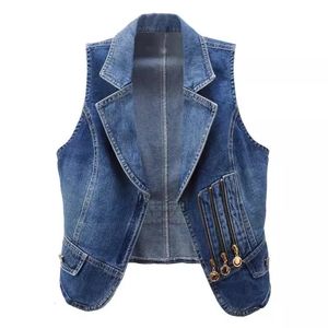 Spring Autumn Short Denim Vest Women Fashion Suit Collar Zipper Cowboy Sleeveless Jacket Casual Slim Jeans Waistcoat W228240416