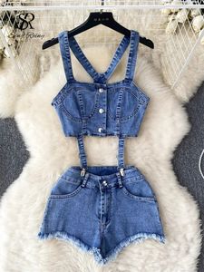 SINGREINY Fashion Sexy Denim Suits Button Backless Mini Tank TopsStraps Super Shorts Women sweet Streetwear Two Pieces Sets 240411