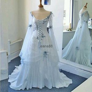 Vintage Celtic Wedding Dresses White and Pale Blue Colorful Medieval Bridal Gowns Scoop Neckline Corset Long Sleeves Appliques Flowers