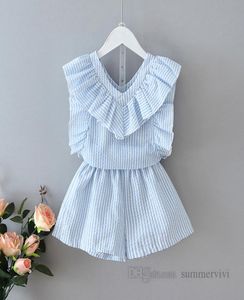 Summer Girls Stripe Clothing Sets Kinder Falbala Vneck Ruffle Fliegenhülle Topsloose Shorts 2pcs Kinder Prinzessin Outfits Q04258022012