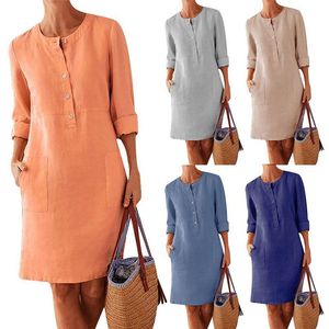 Women Dress Cotton Linen Round Neck Long Sleeve Loose Button Solid Color Simple Casual Dresses