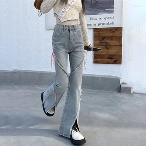 Women's Jeans Korea Style Tie-back Close-fitting For Women Spring Autumn Elastic Slit Trousers High Waist Wide-leg Y2k Pants