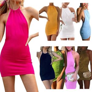 Casual Dresses WPNAKS Women Knitted Dress Evening Party Summer Clothes Solid Color Tied Neck Off-Shoulder Backless Slim Sexy Club