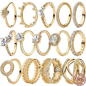 Küme halkaları klasik altın renk serisi 925 sterling gümüş ışıltılı zirkon kalp şeklindeki taç yüzüğü zarif lüks cazibe mücevher hediyesi