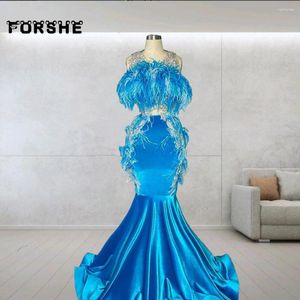 Party Dresses Blue Rhinestone Long Prom med Feather 2024 African Black Girl Ruffles Mermaid Women Gala klänningar Formell slitage