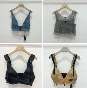 Glänzender Strassstein T-Shirts Frauen Denim Sling Weste Sexy Cropped Top Party Tanktops v Hals T-Shirt BH Mode Kleidung 3456