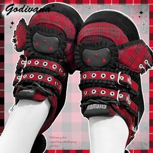 Kleidungsschuhe 2024 Spring Y2K Subkultur Red Plaid College -Stil Plattform Dicke Boden weibliche Mädchen Retro Pumpe High Heels