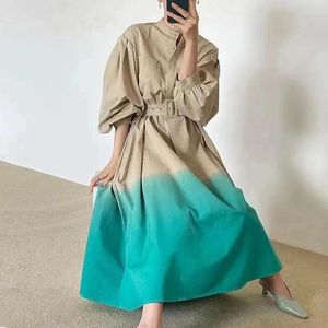 Sukienki swobodne francuskie wiosenne stojaki Pockets Midi sukienka 2024 Moda moda Kobiet Gradient Kolor Lantern Rękaw luz luźne vestidos