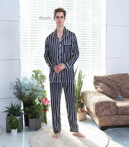 2020 Spring Autumn Men Pyjamas Set Long Sleeve Turndown Collar Buttons Tops Striped Pajamas Pants Sets Printed Silk Sleepwear9005501