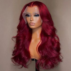 Wigs Burgundy 99J Body Wave Lace Pront Human Hair Wig HD الشفافة الشفافة البرازي