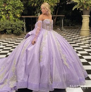 Lilac Lavender Princess Quinceanera Dresses with Long Sleeve Gillter Crystal Corset Lace-up vestidos de 15 anos Prom Sweet 16