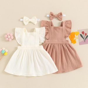 Kız Elbiseler Çocuk Bebek Yaz Pamuk Keten Elbise Günlük fırfır kollu kare boyun a-line sundress Yay kafa bandı 2 adet kıyafet