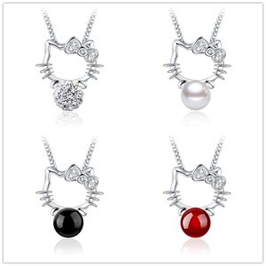 925 Sterling Silver Cute Lovely Kitty Cat Collane Women Fashion Gioielli Animale Cubbico Zirconia Zirconia Rossa Rossa Onyx Nero CHULED CHOKER PENDANT NATUA