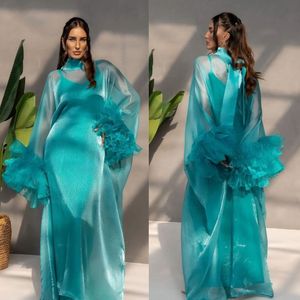 Enkel spaghetti rem mantel prom klänningar 2 stycken organza draperad veck aftonklänning ruffles ärm Saudiarabien maxi klänning