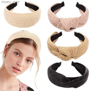 Headbands Straw braided womens headband fashion bohemian knotted handmade straw braided wide headband hair accessories Y240417