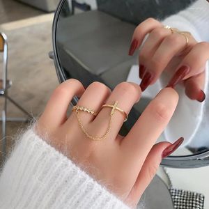 Cluster Rings Fashion Punk Chain Double Ring Set Teens Hip Hop Open Metal Silver Color Geometric Cross Party Jewlery Gifts