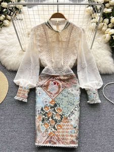 SINGREINY Splice Lace Embroidery Women Dress Summer 2022 Temperament Elegant Zipper Long Sleeves Ladies A Line Slim Chic Dresses