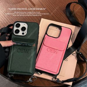 Flip Card Torka Klasyczna sztuczna skóra wisząca lina Crossbody Anti Drop Telefon dla Apple 15 Pro Max 11 12 13 14 Promax Dark Green Pink Designer 028