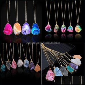 Pendant Necklaces Fashion Natural Stone Crystal Cutting Lines Shine Rainbow Colors Necklace Agate Pendant Drop Delivery Otopg