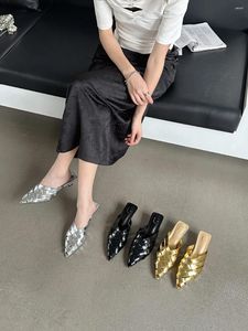 Slippers Black Silver Gold Women Pointed Toe Hollow Design Summer Outside Mules Shoes Thin Low Heels Casual Party Pumps Slip On