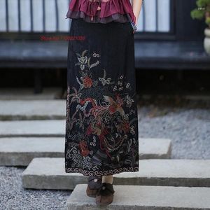 Ethnic Clothing 2024 Chinese Improved Skirt National Flower Embroidery Jacquard Oriental Vintage A-line Elastic Waist Folk