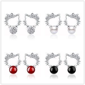 Cute kitty cat designer earrings for women luxury ball pearl red agate diamond lovely cats design earring S925 silver plated numbers have brincos ear rings jewelry