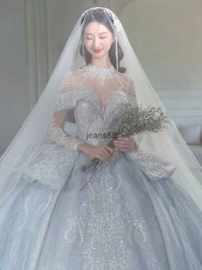 Dubai Princess Abito da sposa abito da sposa perle a maniche lunghe con paillettes Luxury Crystal Bride Robes de Mariee Sweetheart Sweep Train Cuci da sposa Bling Pauspes