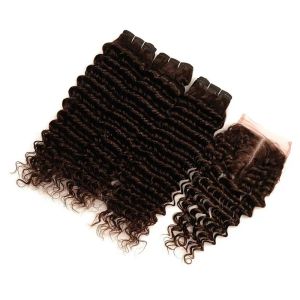 Trama de chapas de chocolate peruano marrom pacote de cabelo humano virgem 3pcs com fechamento onda profunda #4 tecelações de cabelo castanho escuro com 4x4 Lace Closu