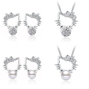 925 silver cute lovely kitty cat earrings necklaces jewelry set for women cubic zirconia pearl red agate black onyx choker pendant necklace ear rings earring