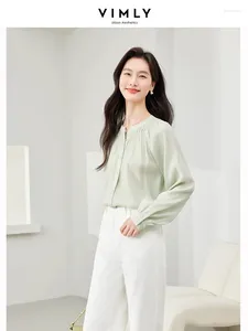 女性用ブラウスVimly Light Green Round Neck Thin Chiffon Shird LEGH SLEEVE TOPS for Women 2024 Spring French Style Button Up Blouse M6328